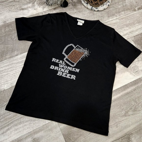 "Real Women Drink Beer" Bling / Rhinestone Women's V-Neck T-Shirt - Picture 1 of 5